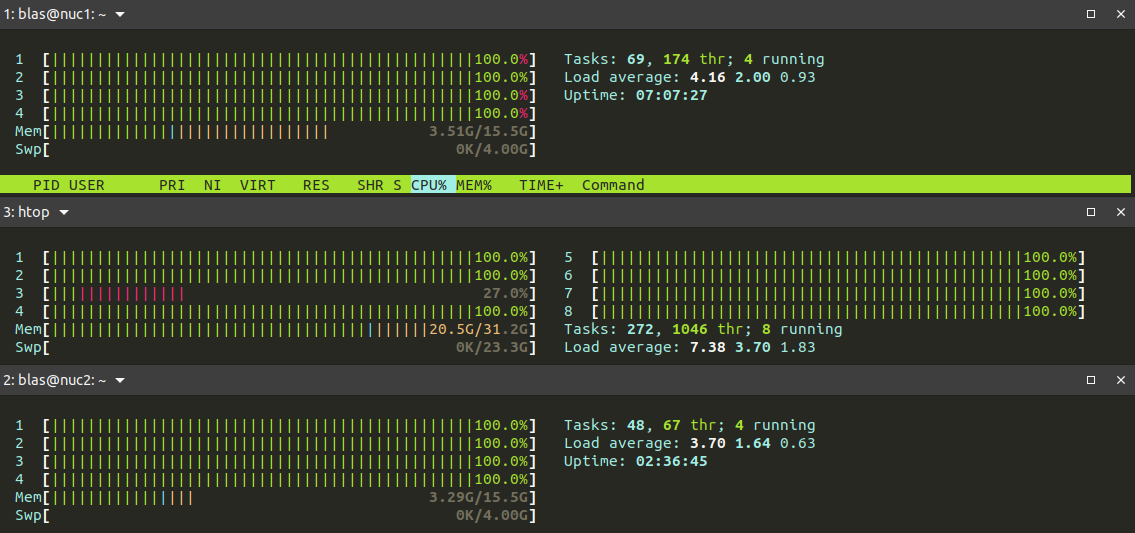 Tilix showing htop on my PC and the two NUCS